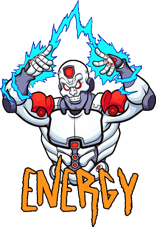 Ilustración vectorial de cyborg robot emanando rayos eléctricos con texto Energy.