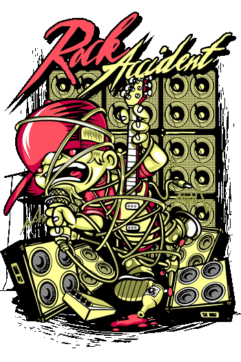 Ilustración rockera de guitarrista enredado en cables con amplificadores para impresión textil.