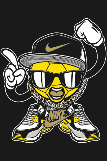 Ilustración de personaje urbano amarillo con gorra, gafas de sol, cadenas de oro y zapatillas deportivas estilo Nike Air Max