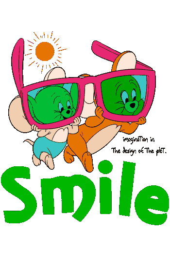 Diseño de dos ratones verdes con gafas de sol gigantes color rosa y la palabra 'Smile' en tipografía verde