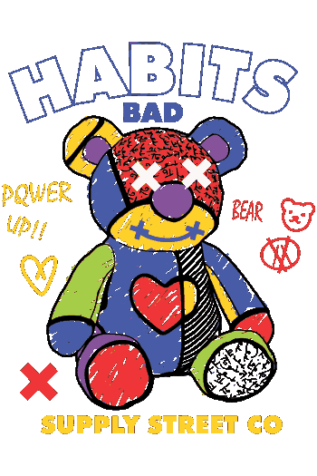 Ilustración de oso de peluche estilo 'patchwork' multicolor con ojos en X y textos 'HABITS' y 'SUPPLY STREET CO'