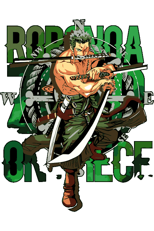 Ilustración vectorial de Roronoa Zoro de One Piece en pose de combate con tres katanas y fondo camuflaje.