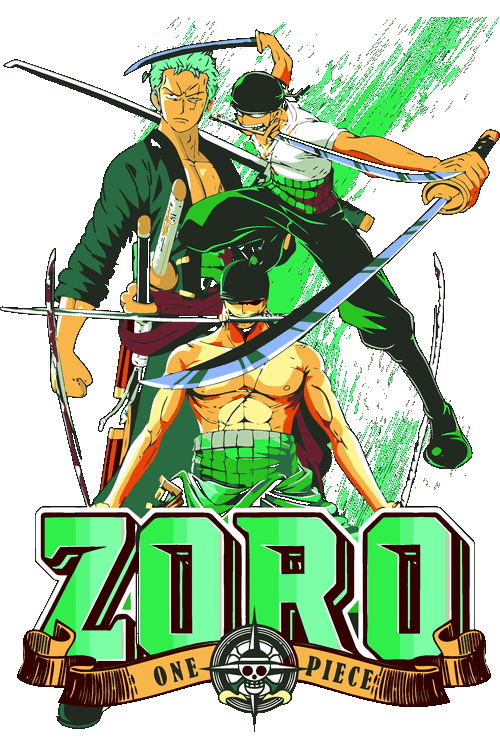 Ilustración vectorial de Roronoa Zoro en múltiples poses de combate con tres espadas y tipografía verde.