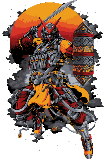 Ilustración de samurai futurista con armadura táctica, espada en alto y escudo decorado, con fondo de sol rojo estilo japonés.