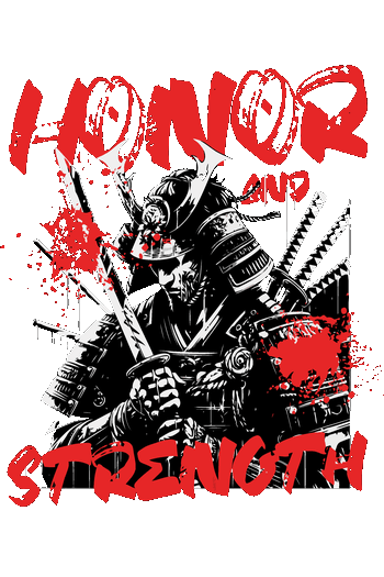 Ilustración vectorial de un guerrero samurái con armadura, espadas katana y salpicaduras rojas con texto Honor and Strength.