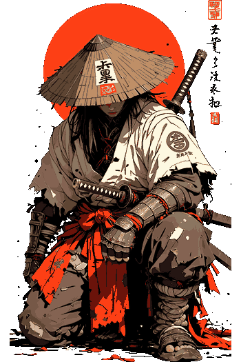 Tactical Strike Ilustración vectorizada de un guerrero samurái de rodillas con katanas, armadura y sombrero de paja