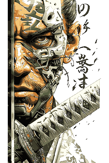 Urban1 Vector de guerrero samurái mitad humano mitad cibernético, katana en primer plano, kanjis en fondo, estilo cyberpunk