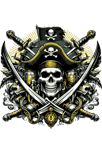 Gráfico vectorial de un barco pirata navegando dentro de una brújula náutica con detalles de sogas marinas.