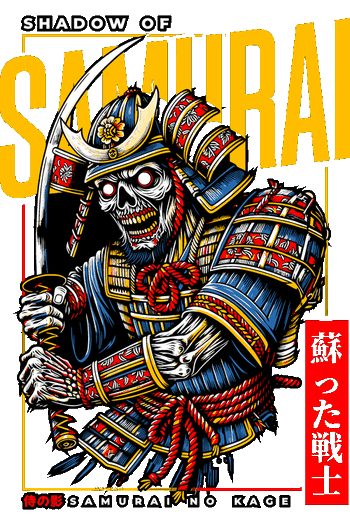 Diseño gráfico vectorial de un samurái esqueleto con armadura de colores y textos en japonés.