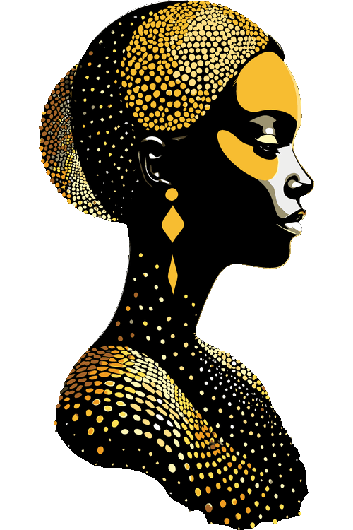 Ilustración vectorial de perfil de mujer afro con patrón de puntos dorados y arete romboidal.