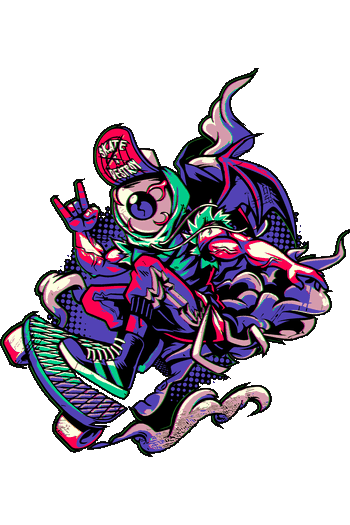 Trippy Parodies Arte vectorial de un monstruo con ojo gigante andando en patineta con alas de demonio y gorra de skate.