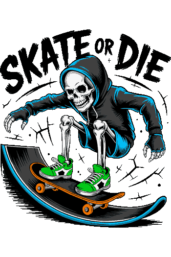 Gráfico de un esqueleto con sudadera negra y zapatillas verdes patinando en una rampa