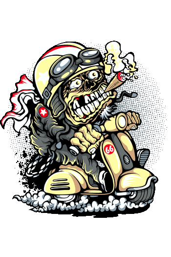 Arte vectorial de un esqueleto zombie conduciendo una motoneta a alta velocidad con casco y gafas.