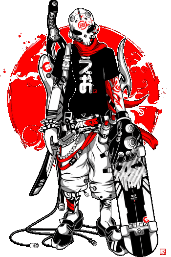 Ilustración vectorial de skater futurista estilo anime mecha con máscara, tabla de skate y sol rojo de fondo.
