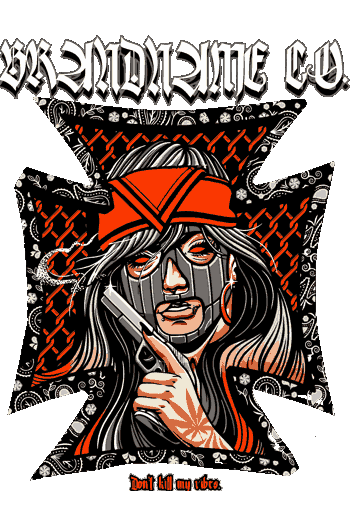 Heavy Diseño vectorial de figura con pañuelo rojo, revolver y tatuaje de cannabis, fondo de cadenas