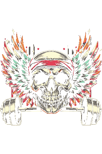Vector calavera con alas multicolor y bandana sosteniendo barra de pesas estilo tattoo rock