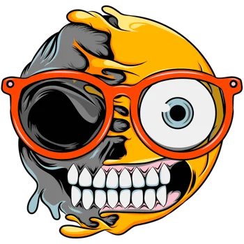 Ilustración vectorial de un emoji derretido con lentes rojos, revelando una calavera en su mitad izquierda. Estilo horror pop