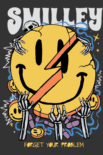 Arte callejero tipo sticker con carita feliz amarilla derretida sobre fondo retro de colores y la frase 'Smiling is Fake