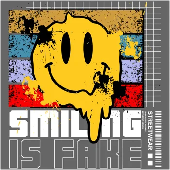 carita feliz amarilla derretida sobre fondo retro de colores y la frase 'Smiling is Fake
