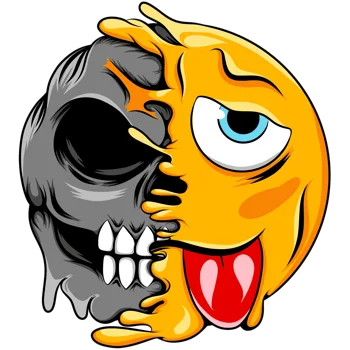 Vector de cara sonriente amarilla sacando la lengua con efecto de goteo sobre un cráneo