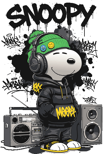 Ilustración de Snoopy b-boy con audífonos y grabadora retro para estampado de ropa hip-hop.