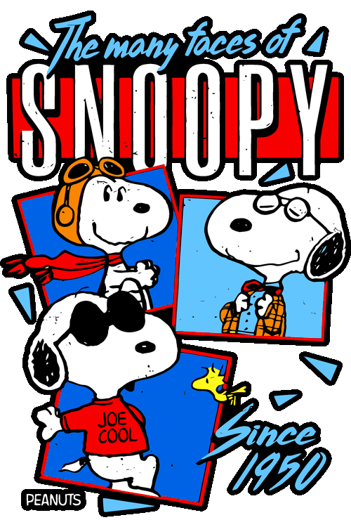 Ilustración vectorial collage con las múltiples caras de Snoopy, Joe Cool y el clásico estilo 1950