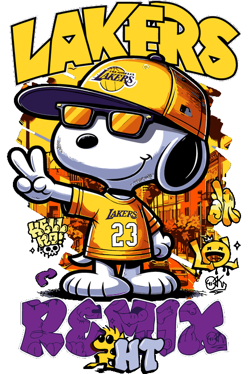 Ilustración vectorial de Snoopy con jersey de los Lakers, gorra amarilla y gafas de sol urbanas