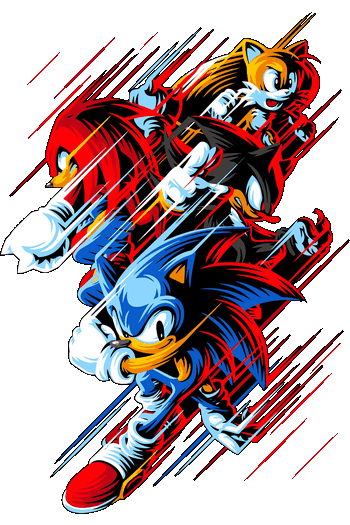 No Fate Ilustración vectorial de Sonic, Knuckles, Tails y Shadow corriendo con líneas de velocidad rojas y azules sobre fondo negro.