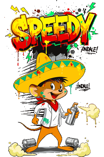 Vector de Speedy Gonzales pintando con aerosol y letras de grafiti para impresión textil alternativa.