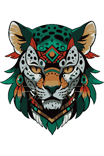 Vector de cabeza de leopardo con patrones geométricos tribales, collar de cuentas y plumas verdes, ojos dorados