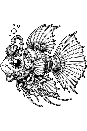 Cyber Beasts: Fauna del Futuro Arte vectorial detallado de un pez con armadura steampunk, engranajes expuestos y burbujas de aire.