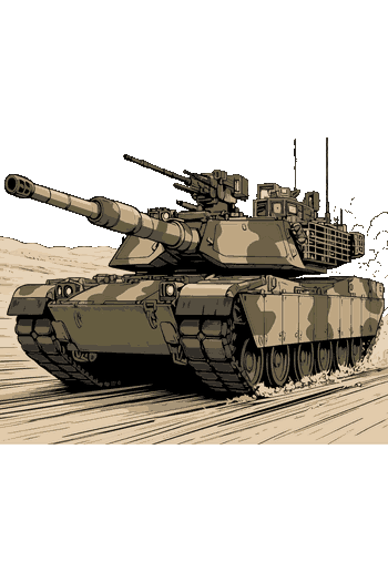 War & Honor Ilustración vectorial detallada de un tanque de combate moderno con camuflaje en un entorno desértico.