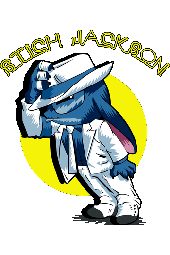 Ilustración de Stitch parodiando a Michael Jackson con traje blanco y sombrero para estampado de playeras.