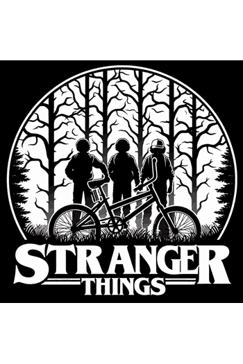 Stranger Stranger Things silueta niños con bicicletas en el bosque vectorizado