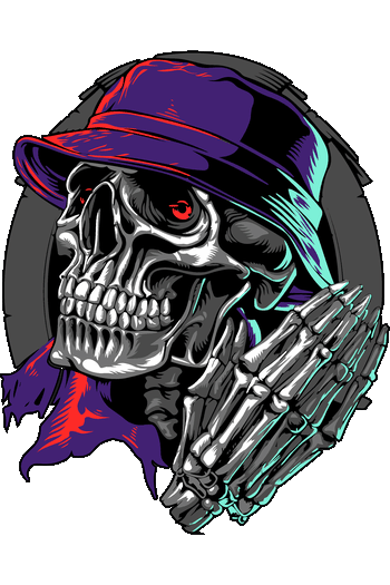 Rebeldes Neón Ilustración vectorial de una calavera con sombrero de pescador púrpura y manos de esqueleto en estilo urbano.