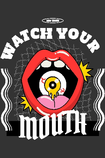 STREETWEAR2 Vector de boca roja con ojo en la lengua, texto 'WATCH YOUR MOUTH' y rayos, estilo gráfico impactante