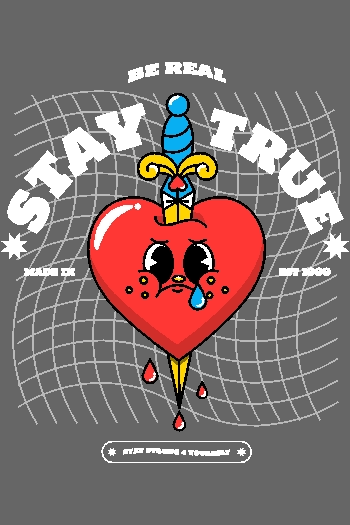 STREETWEAR2 Diseño vectorial de corazón con daga y cara triste, texto 'BE REAL STAY TRUE', estilo emo/alternative