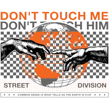 Vector de mano de Adán con texto 'Don't Touch Me Him' y frase 'La Tierra es plana'