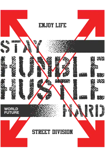 Diseño vectorial motivacional 'Stay Humble Hustle Hard' con flechas rojas y textura halftone