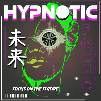 Vector de rostro hipnótico con ojo neón verde, texto 'Focus on the Future' y kanji japonés