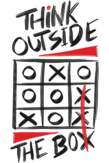 Diseño vectorial de 'Think Outside the Box' con juego de la lotería y línea roja rompiendo la caja
