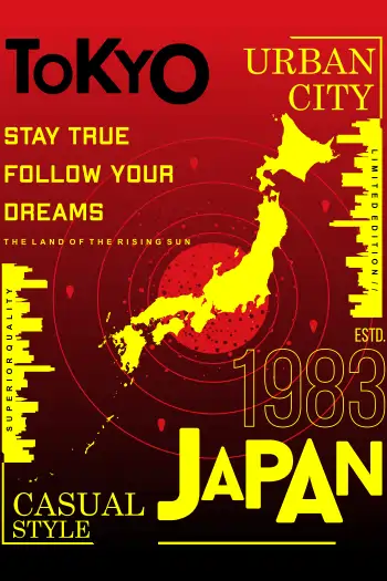 Vector de Tokio con mapa de Japón, texto '1983' y 'Stay True Follow Your Dreams', estilo urbano