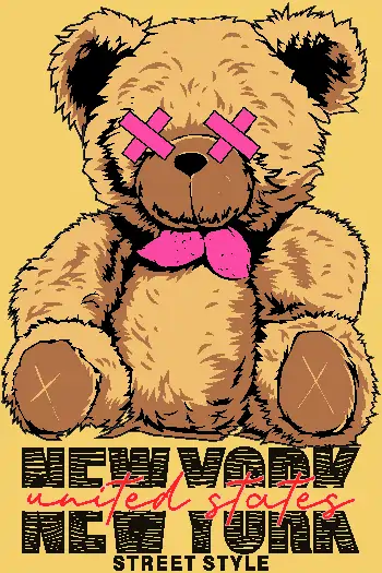 Oso de peluche con ojos tachados en rosa, texto 'New York United States Street Style', estilo cartoon urbano