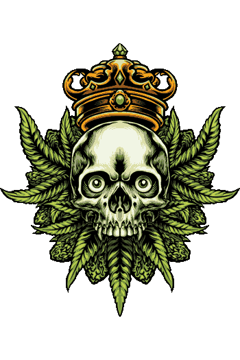 Calavera con corona y rodeada de hojas verdes
