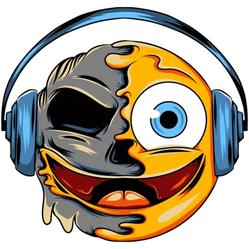 Emoticono amarillo derretido fusionado con calavera gris usando auriculares azules