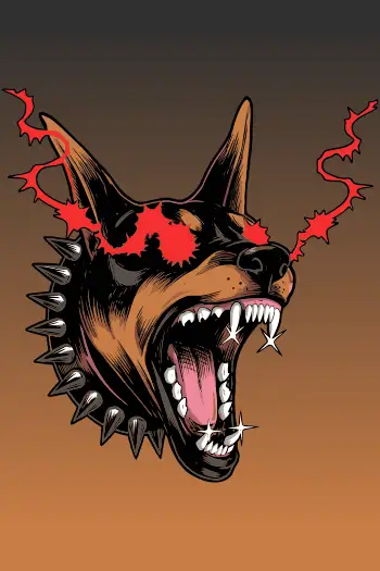 Streetwear vr Vector de perro Dobermann con ojos rojos y collar de pinchos, estilo agresivo