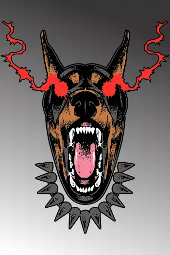 Streetwear vr Diseño vectorial de cabeza de perro con rayos rojos y collar de púas