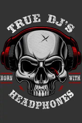 Streetwear vr Vector de cráneo con auriculares rojos, texto 'Born with Headphones', estilo urbano
