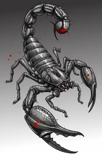 Diseño vectorial de escorpión realista con veneno rojo, estilo oscuro