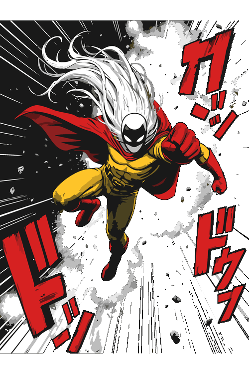 Superhéroe calvo con máscara negra y ojos blancos brillantes lanzando un puñetazo, con capa roja y traje amarillo sobre fondo negro con katakana rojo